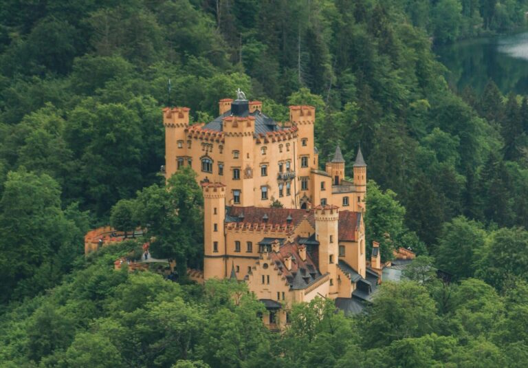 A breathtaking aerial view of the historic Hohenschwangau Castle nestled among dense forests in Schwangau, Bavaria.