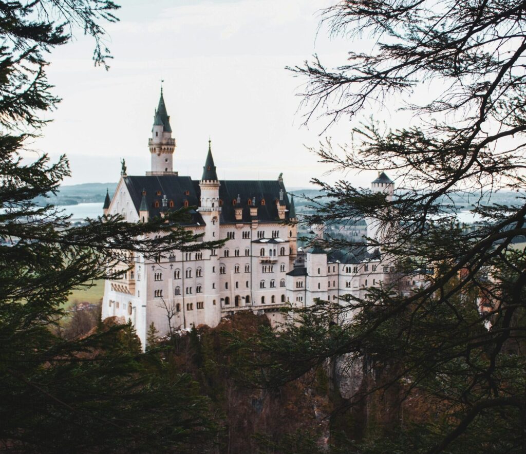 Scenic view of Neuschwanstein Castle framed by evergreen trees in Schwangau, Germany.
